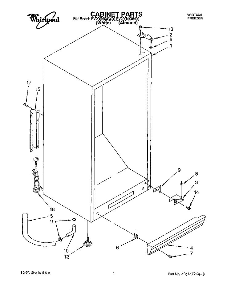 CABINET, LIT\OPTIONAL Diagram and Parts List for EV200NXAN00  Whirlpool Freezer