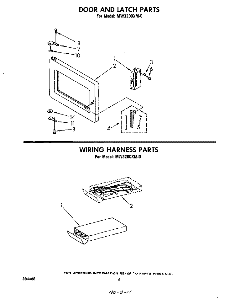 DOOR AND LATCH , WIRING HARNESS Diagram and Parts List for MW3200XM0  Whirlpool Microwave