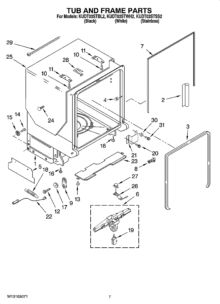 TUB AND FRAME PARTS Diagram and Parts List for KUDT03STBL2  KitchenAid Dishwasher