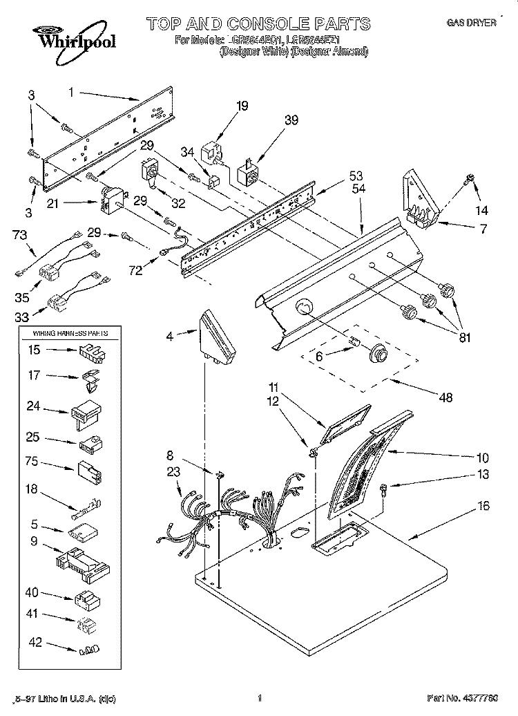 TOP AND CONSOLE, LIT/OPTIONAL Diagram and Parts List for LGR5644EQ1  Whirlpool Dryer