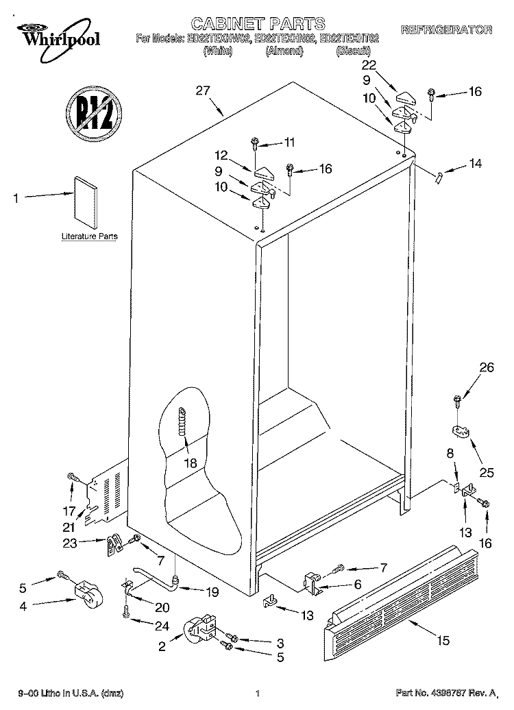 CABINET, LITERATURE Diagram and Parts List for ED22TEXHT02  Whirlpool Refrigerator