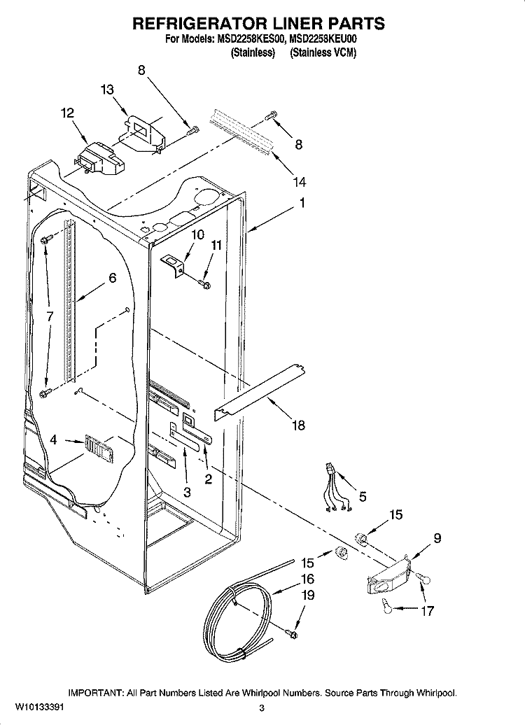 REFRIGERATOR LINER PARTS Diagram and Parts List for MSD2258KEU00  Whirlpool Refrigerator