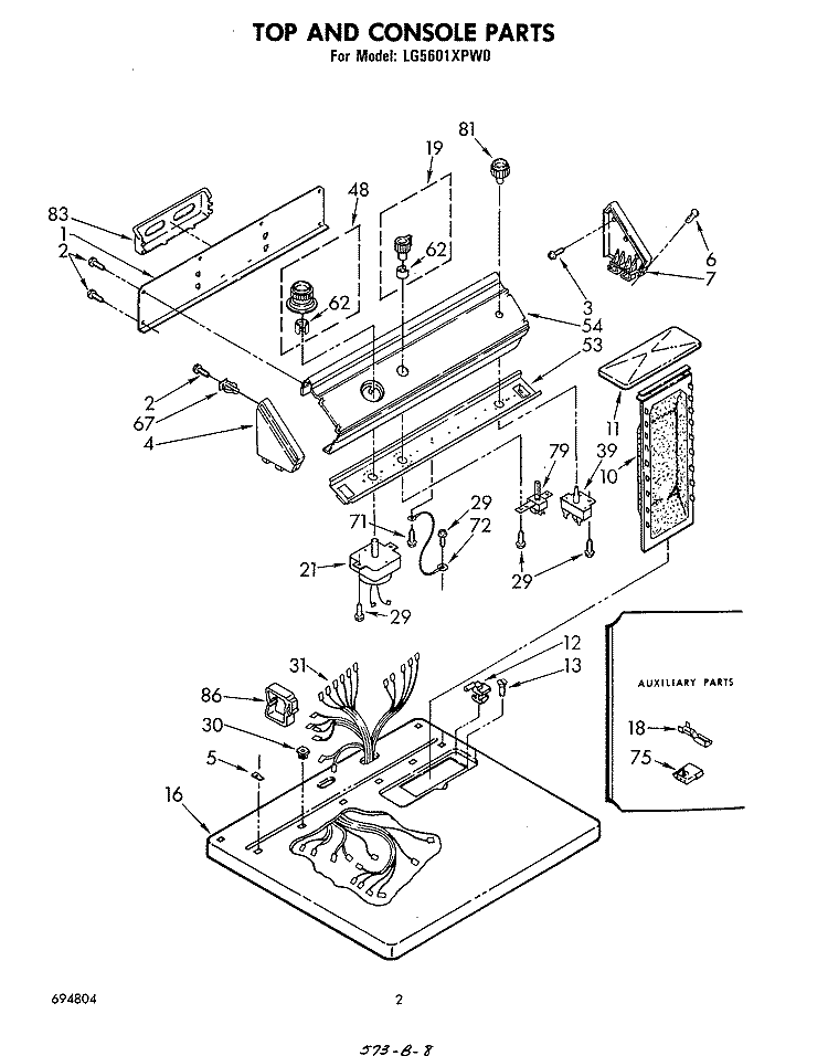 TOP AND CONSOLE , LITERATURE AND OPTIONAL Diagram and Parts List for LG5601XPW0  Whirlpool Dryer