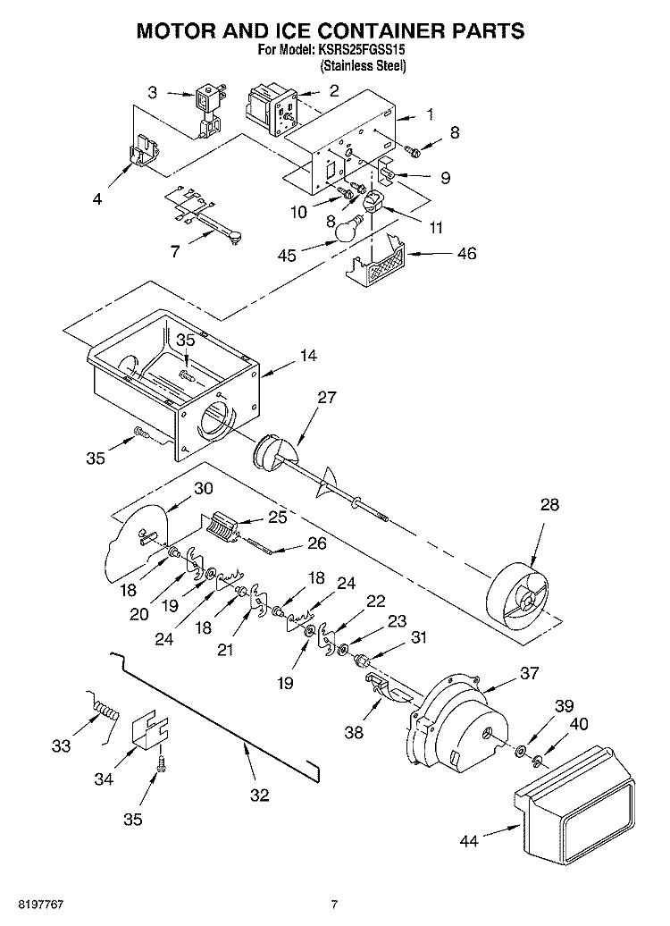 MOTOR AND ICE CONTAINER Diagram and Parts List for KSRS25FGSS15  KitchenAid Refrigerator