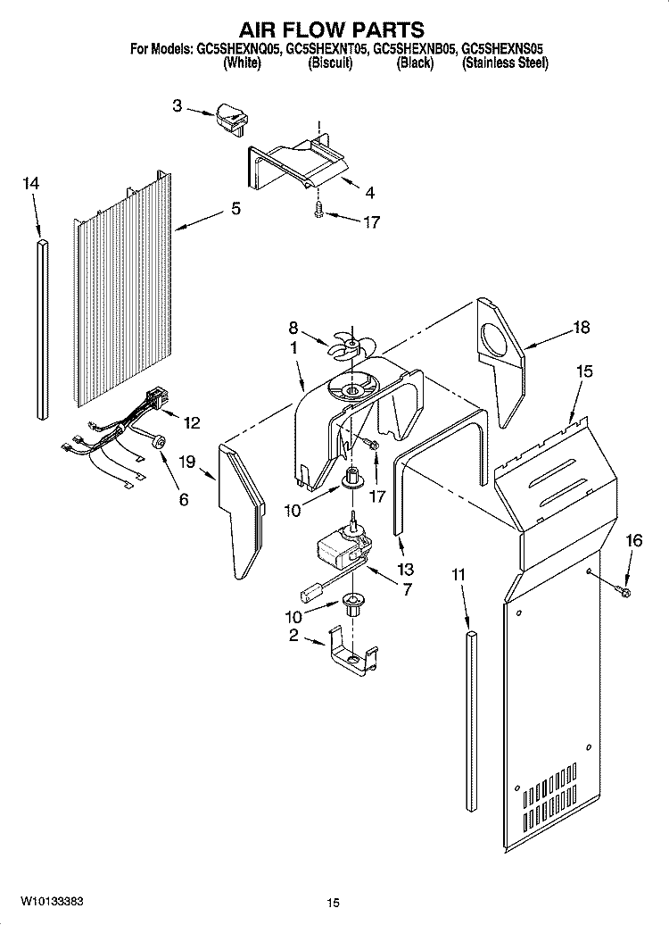 AIR FLOW PARTS Diagram and Parts List for GC5SHEXNQ05  Whirlpool Refrigerator