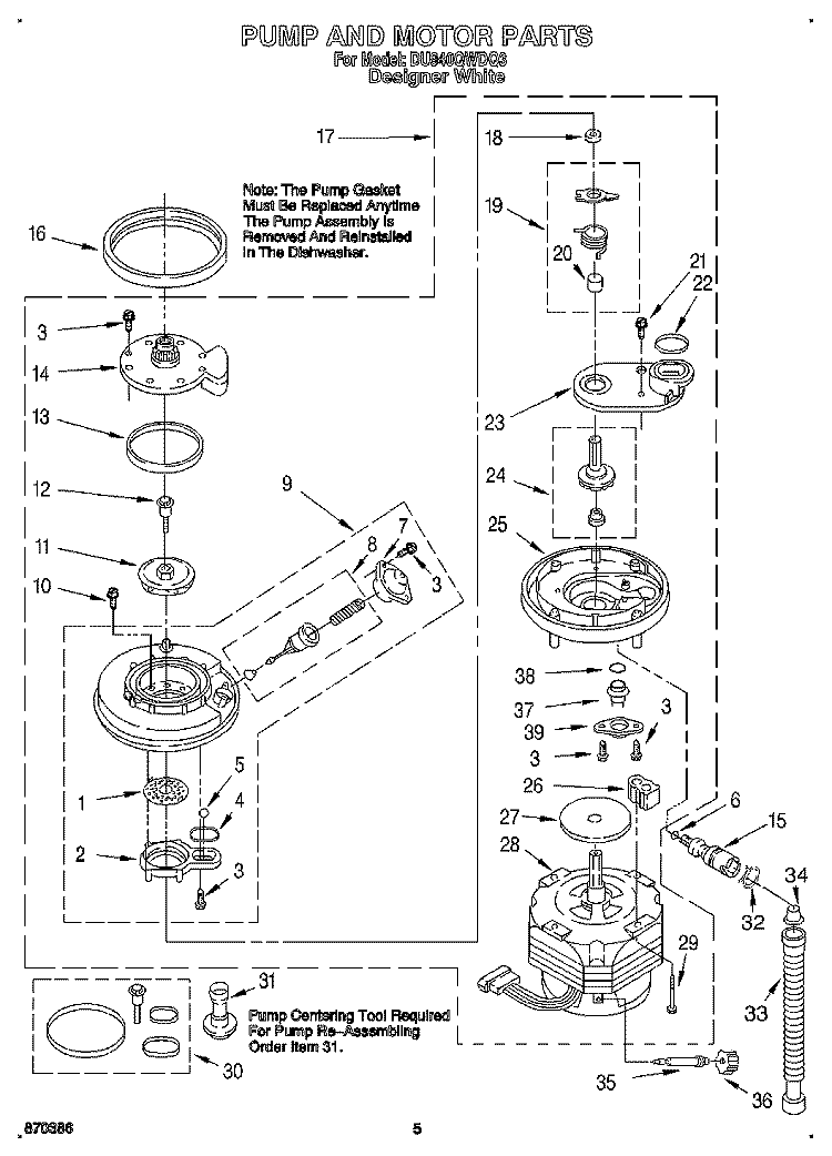 PUMP AND MOTOR Diagram and Parts List for DU940QWDQ3  Whirlpool Dishwasher