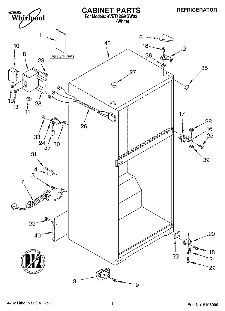 CABINET, LITERATURE Diagram and Parts List for 4VET18GKGW02  Whirlpool Refrigerator