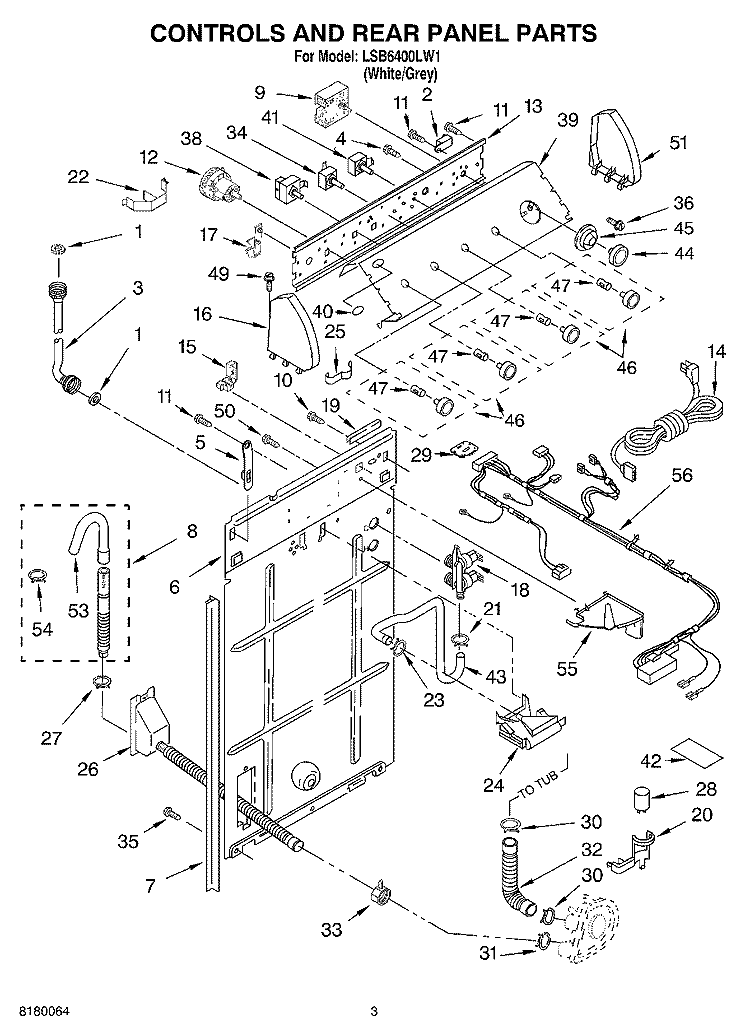 CONTROLS AND REAR PANEL PARTS Diagram and Parts List for LSB6400LW1  Whirlpool Washer