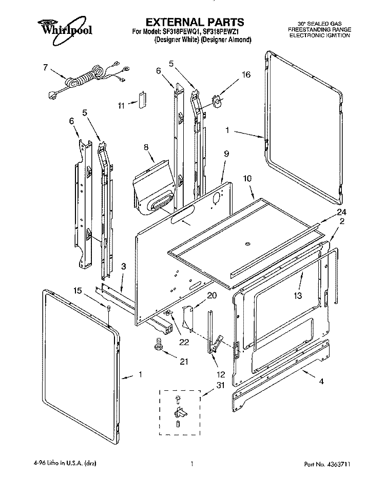 EXTERNAL Diagram and Parts List for SF318PEWZ1  Whirlpool Range