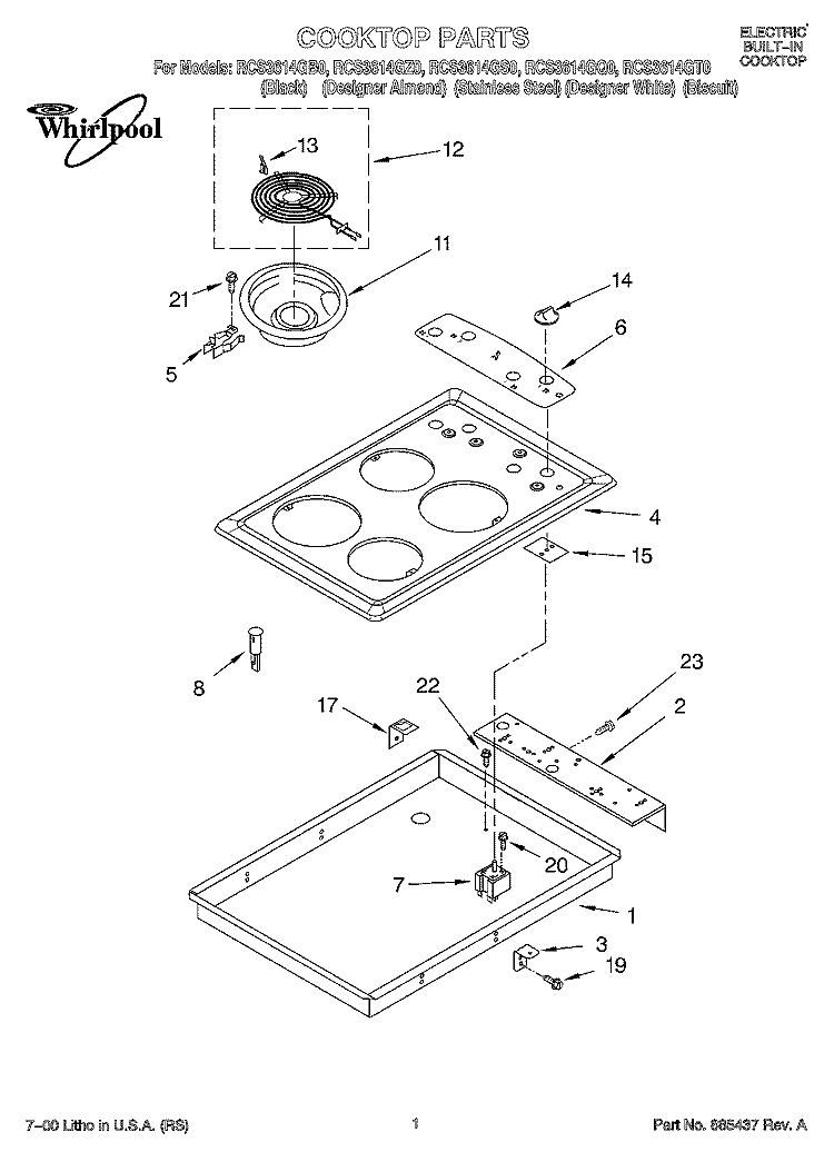 SECTION Diagram and Parts List for RCS3514GB0  Whirlpool Cooktop