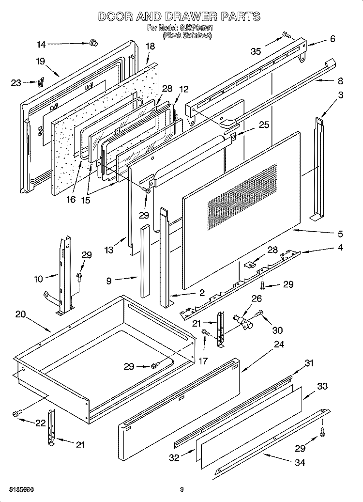 DOOR AND DRAWER PARTS Diagram and Parts List for GJSP84901  Whirlpool Range