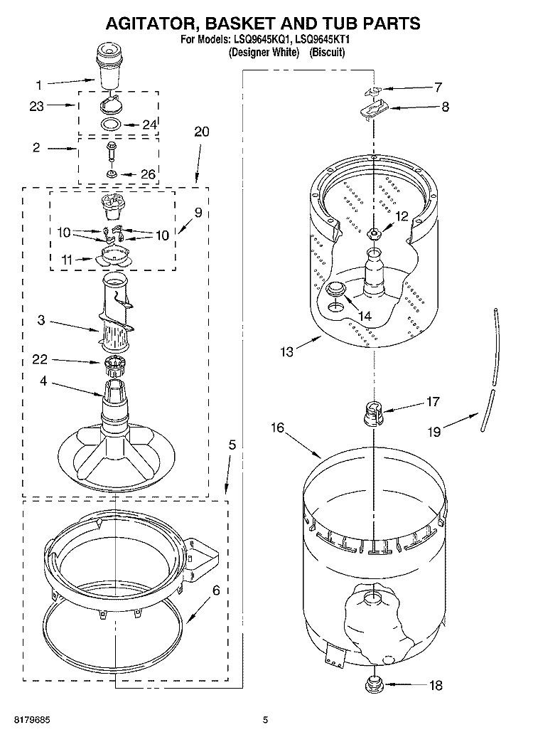 AGITATOR, BASKET AND TUB Diagram and Parts List for LSQ9645KQ1  Whirlpool Washer