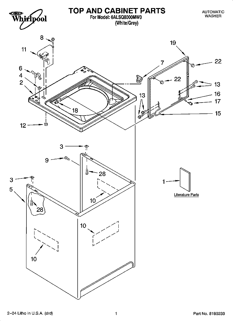 TOP AND CABINET PARTS Diagram and Parts List for 6ALSQ8000MW0  Whirlpool Washer