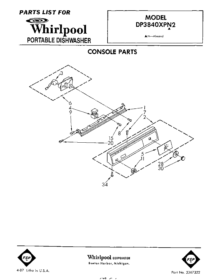 CONSOLE Diagram and Parts List for DP3840XPN2  Whirlpool Dishwasher