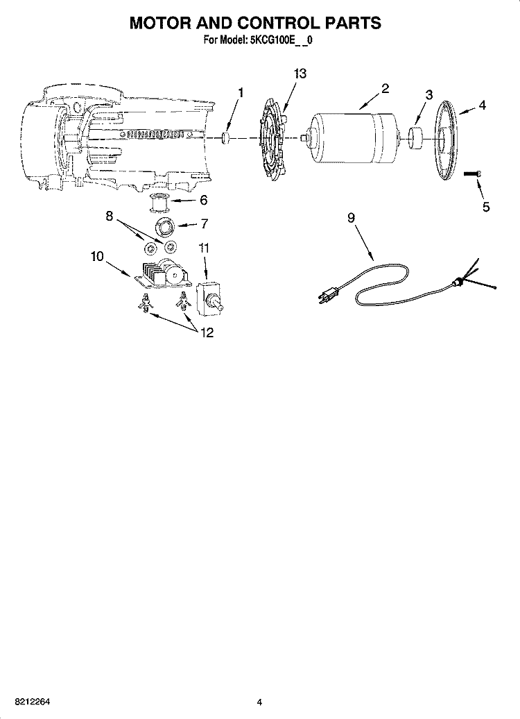 MOTOR AND CONTROL PARTS Diagram and Parts List for 5KCG100EOB0  KitchenAid Coffee Grinder