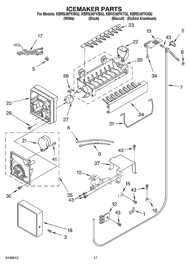 ICEMAKER PARTS Diagram and Parts List for KBRS36FKX02  KitchenAid Refrigerator