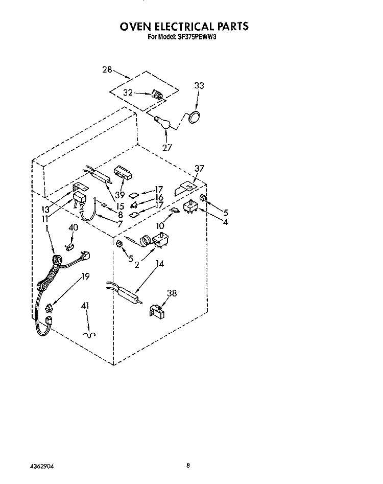 OVEN ELECTRICAL Diagram and Parts List for SF375PEWN3  Whirlpool Range