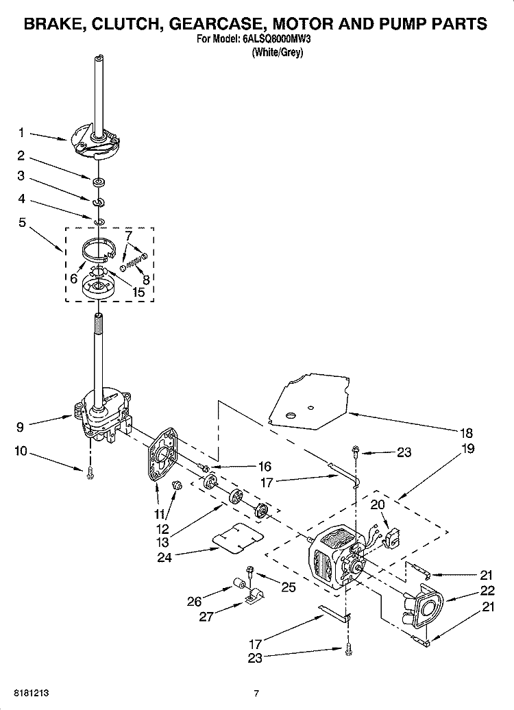 BRAKE, CLUTCH, GEARCASE, MOTOR AND PUMP PARTS Diagram and Parts List for 6ALSQ8000MW3  Whirlpool Washer