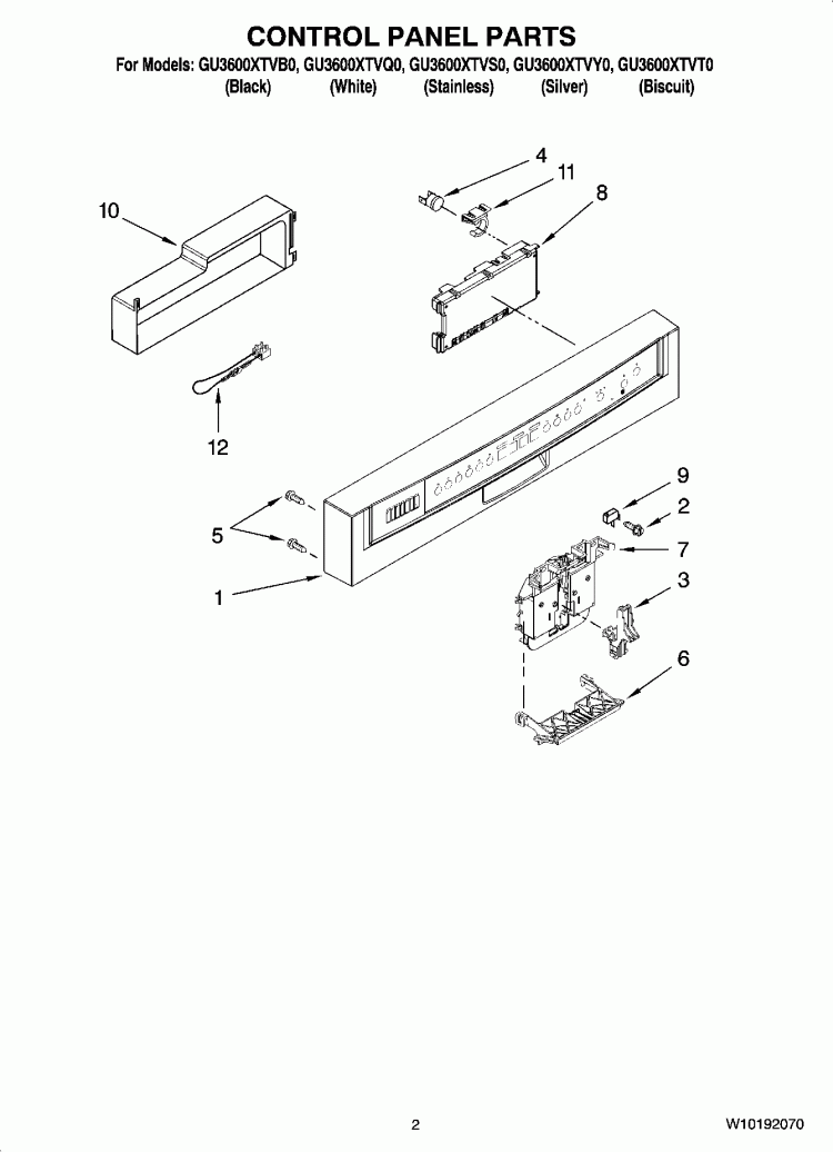 CONTROL PANEL PARTS Diagram and Parts List for GU3600XTVS0  Whirlpool Dishwasher