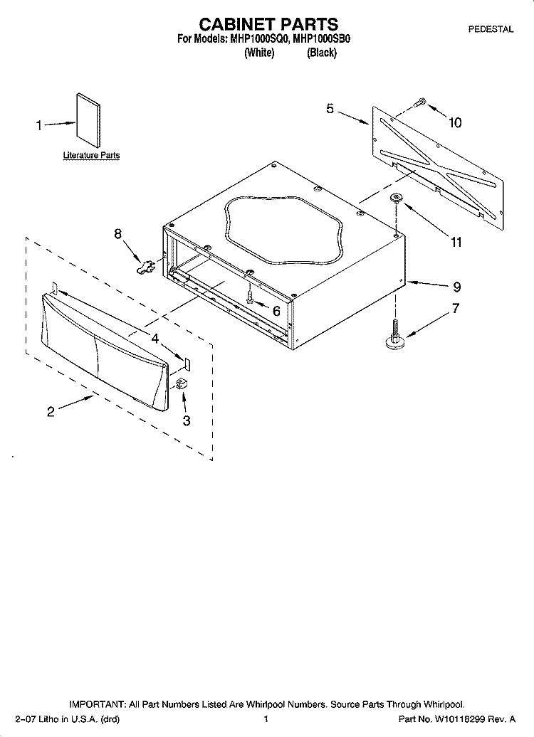 CABINET PARTS Diagram and Parts List for MHP1000SQ0  Whirlpool Laundry Accessories