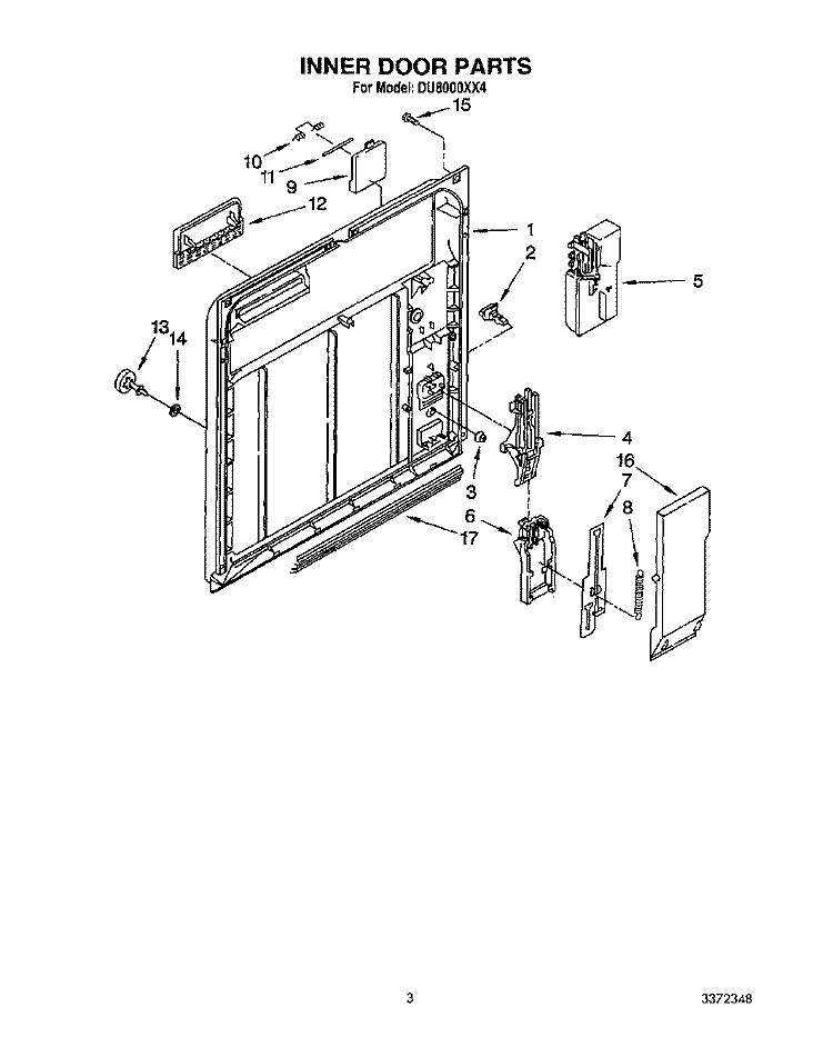 INNER DOOR Diagram and Parts List for DU8000XX4  Whirlpool Dishwasher