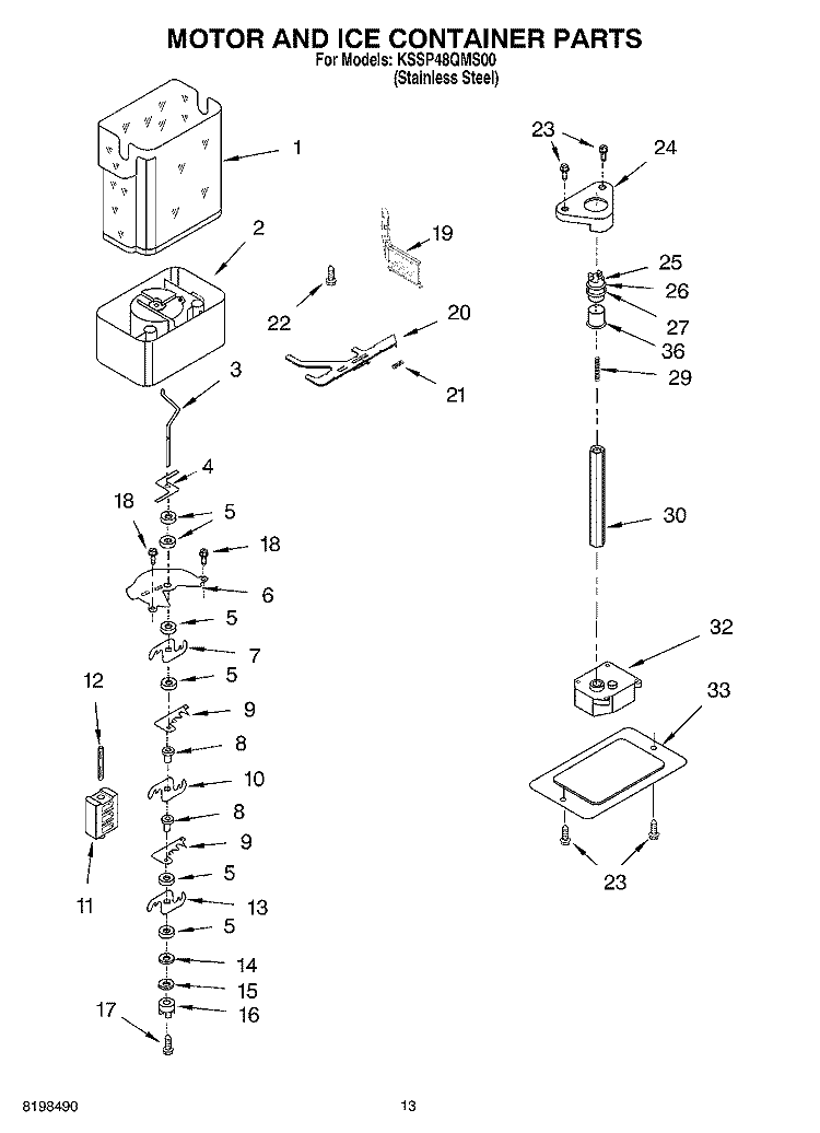MOTOR AND ICE CONTAINER PARTS Diagram and Parts List for KSSP48QMS00  KitchenAid Refrigerator