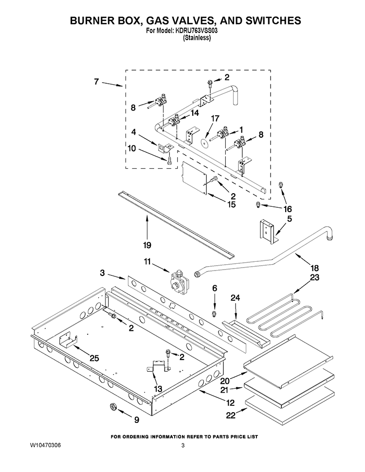 BURNER BOX, GAS VALVES, AND SWITCHES Diagram and Parts List for KDRU763VSS03  KitchenAid Range