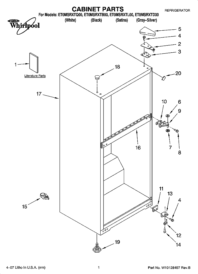 CABINET PARTS Diagram and Parts List for ET0MSRXTL00  Whirlpool Refrigerator