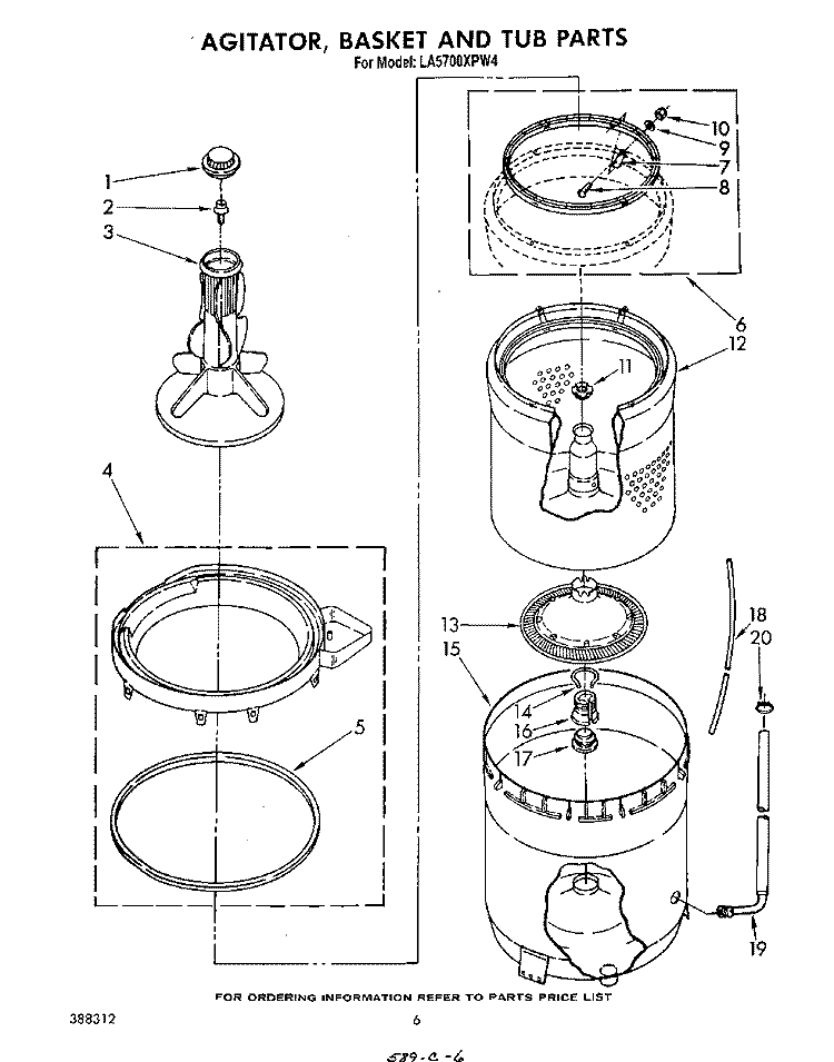 AGITATOR, BASKET AND TUB Diagram and Parts List for LA5700XPW4  Whirlpool Washer