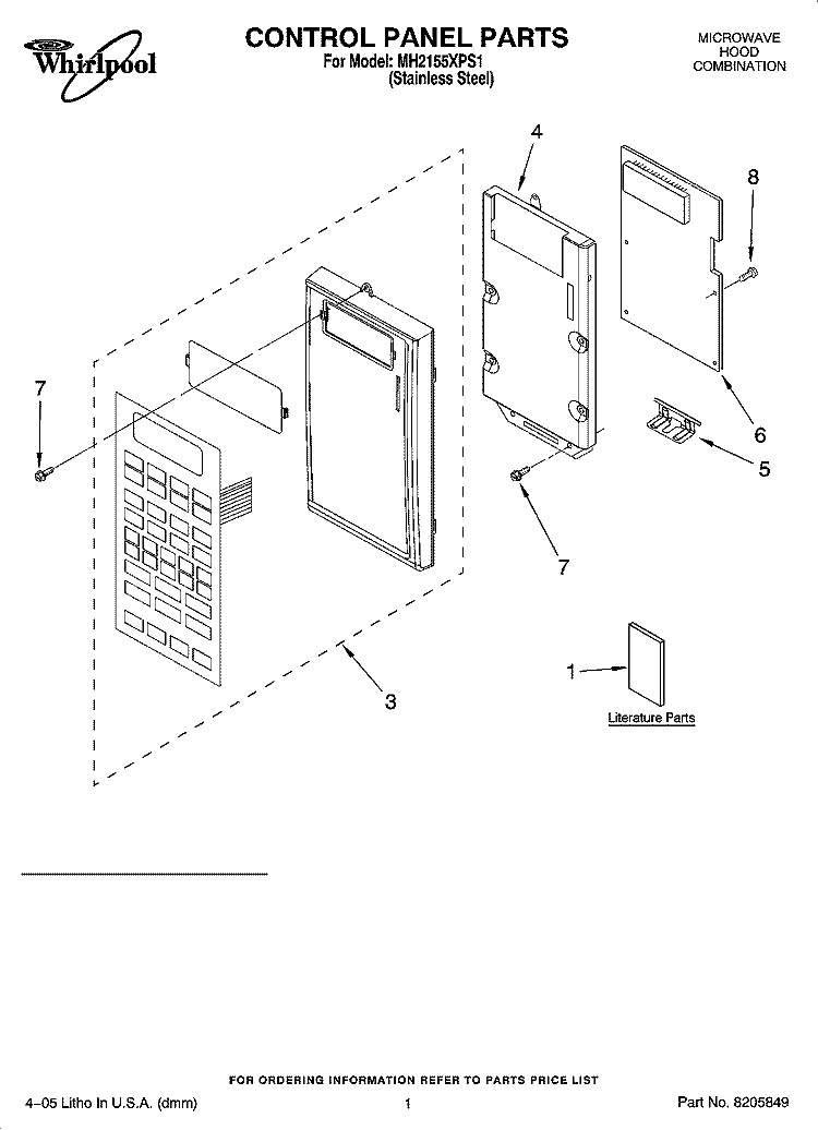 CONTROL PANEL PARTS Diagram and Parts List for MH2155XPS1  Whirlpool Microwave