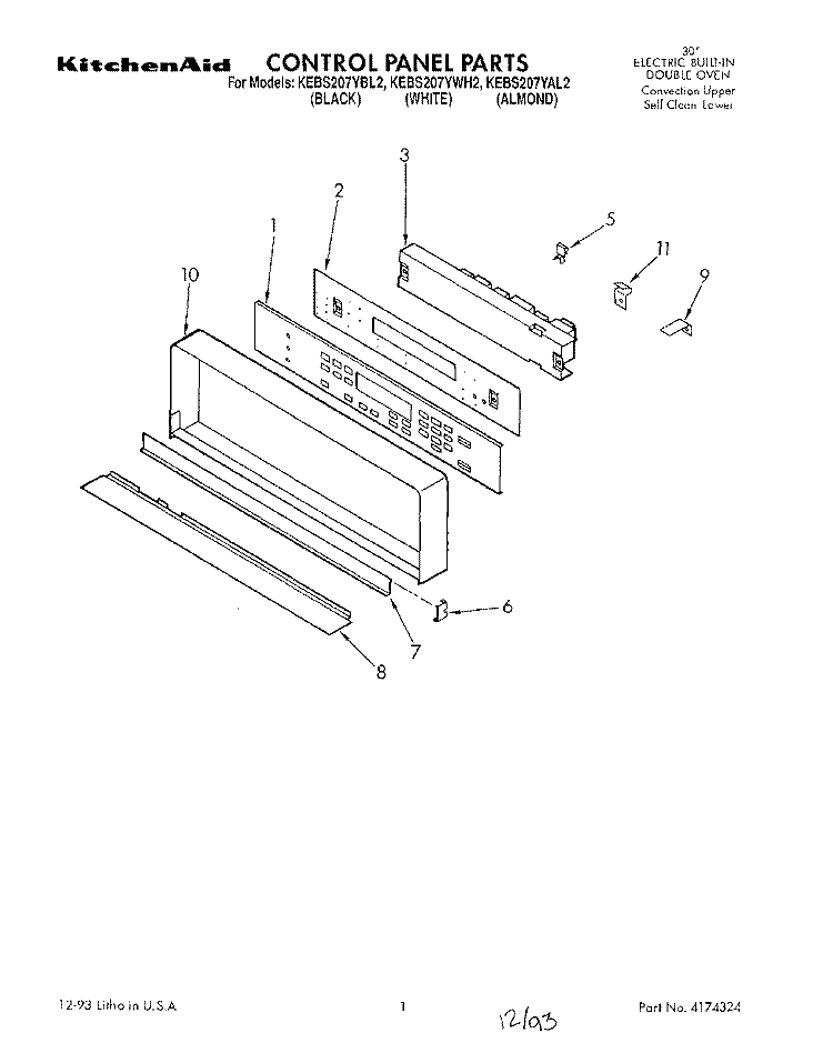 CONTROL PANEL, LITERATURE Diagram and Parts List for KEBS207YAL2  KitchenAid Wall Oven