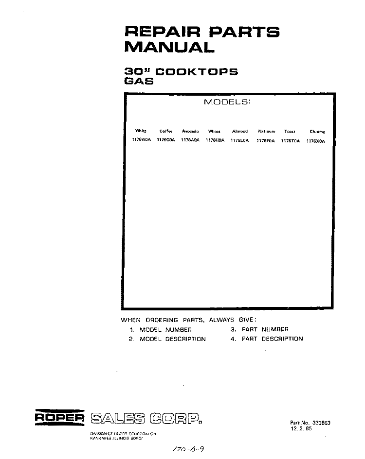 SECTION Diagram and Parts List for 1176W0A  Roper Cooktop