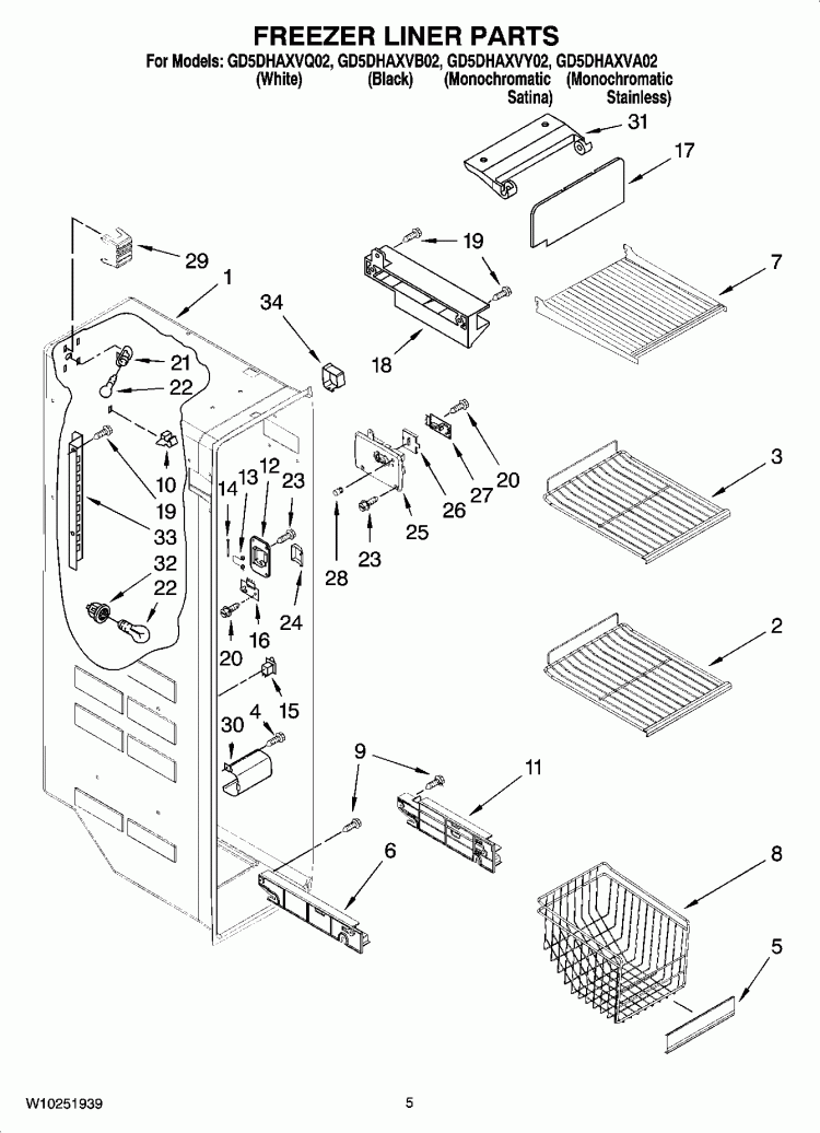 FREEZER LINER PARTS Diagram and Parts List for GD5DHAXVB02  Whirlpool Refrigerator