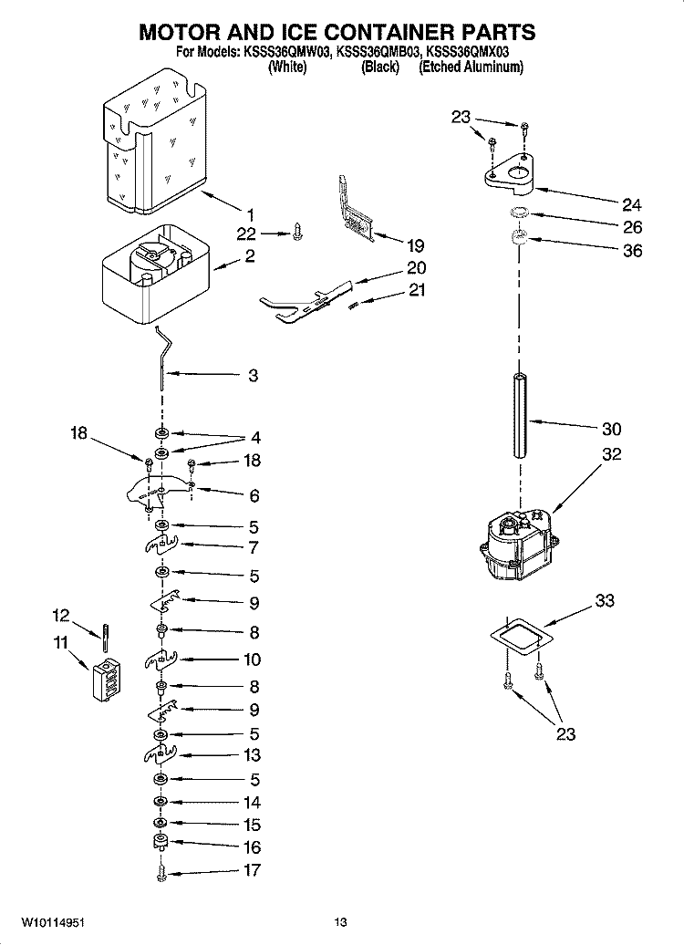 MOTOR AND ICE CONTAINER PARTS Diagram and Parts List for KSSS36QMB03  KitchenAid Refrigerator