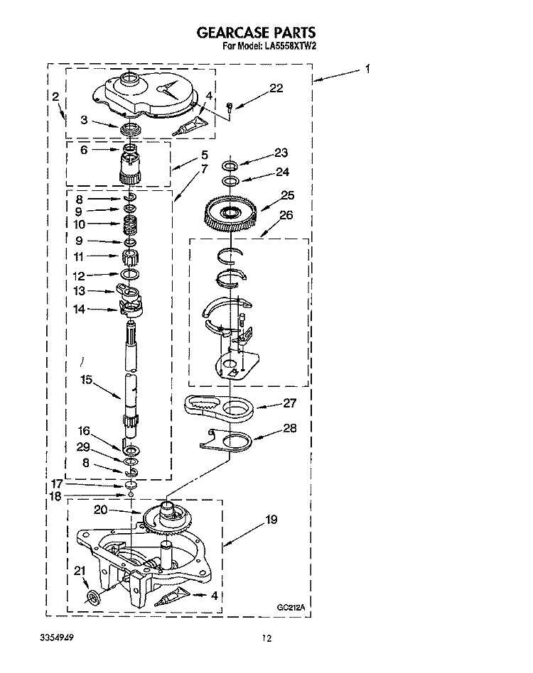 GEARCASE Diagram and Parts List for LA5558XTN2  Whirlpool Washer