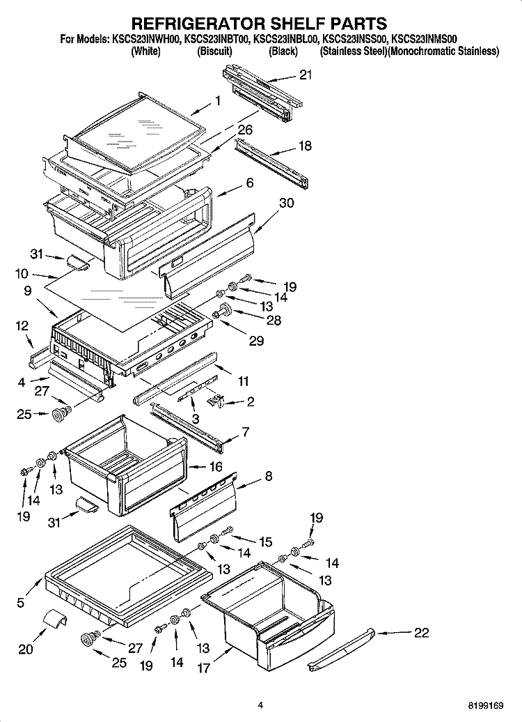REFRIGERATOR SHELF PARTS Diagram and Parts List for KSCS23INBL00  KitchenAid Refrigerator