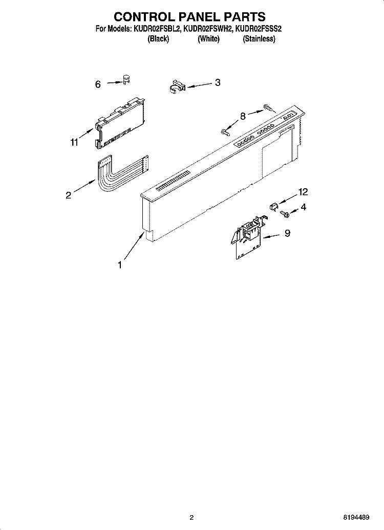 CONTROL PANEL PARTS Diagram and Parts List for KUDR02FSBL2  KitchenAid Dishwasher