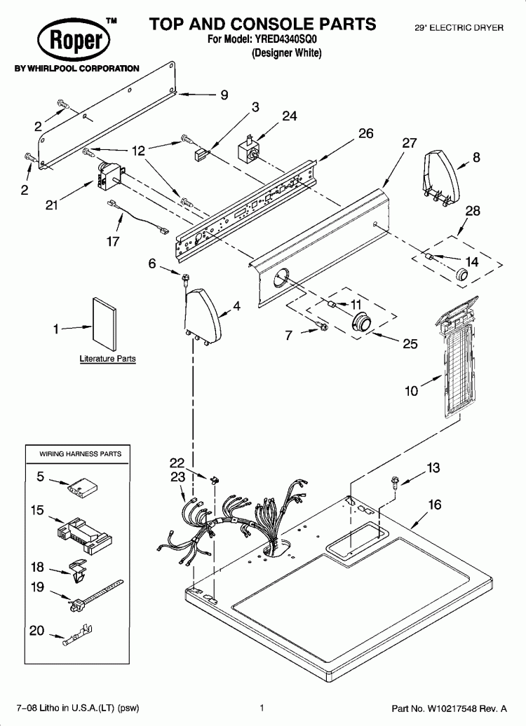 TOP AND CONSOLE PARTS Diagram and Parts List for YRED4340SQ0  Roper Dryer