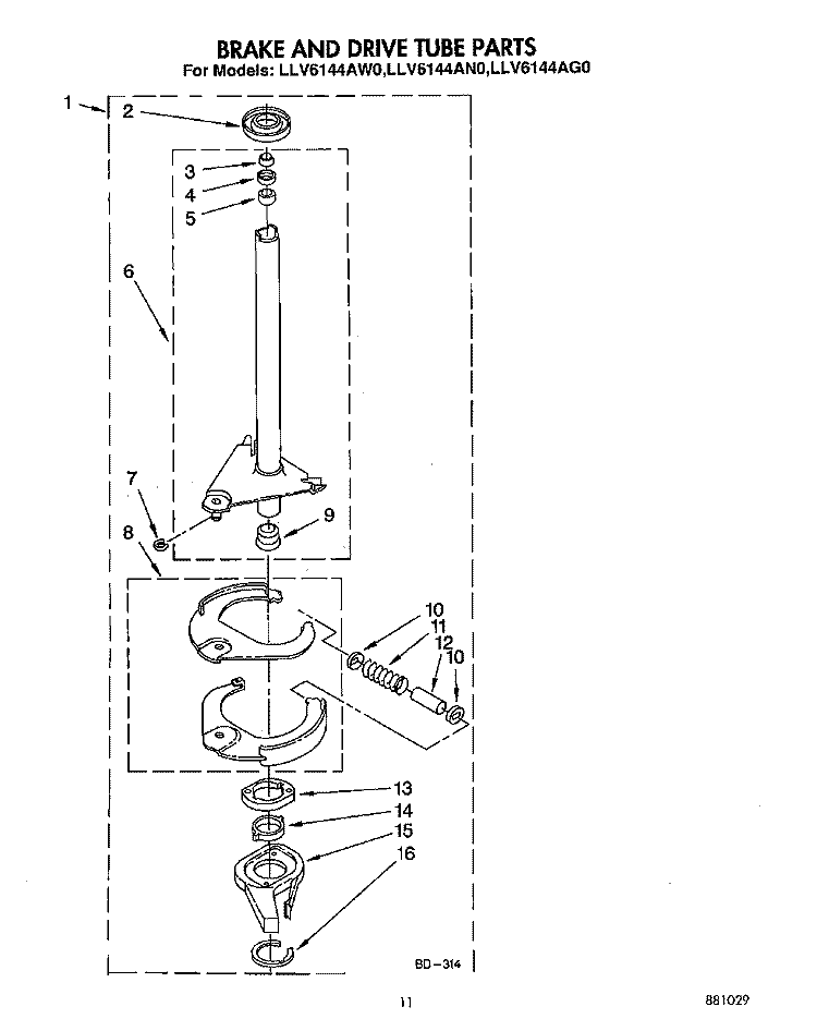 BRAKE AND DRIVE TUBE Diagram and Parts List for LLV6144AG0  Whirlpool Washer