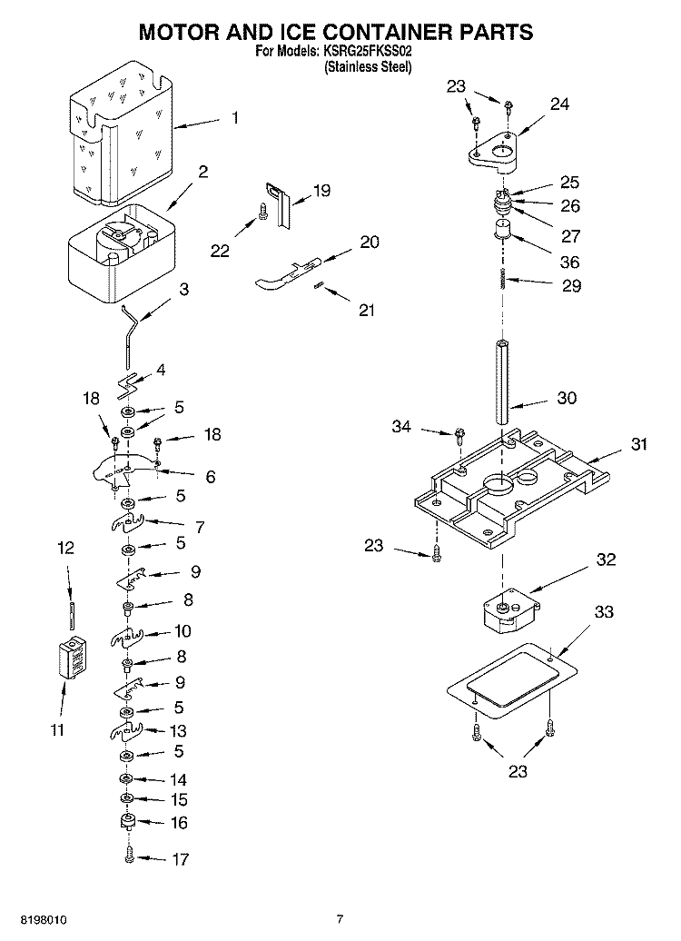 MOTOR AND ICE CONTAINER Diagram and Parts List for KSRG25FKSS02  KitchenAid Refrigerator