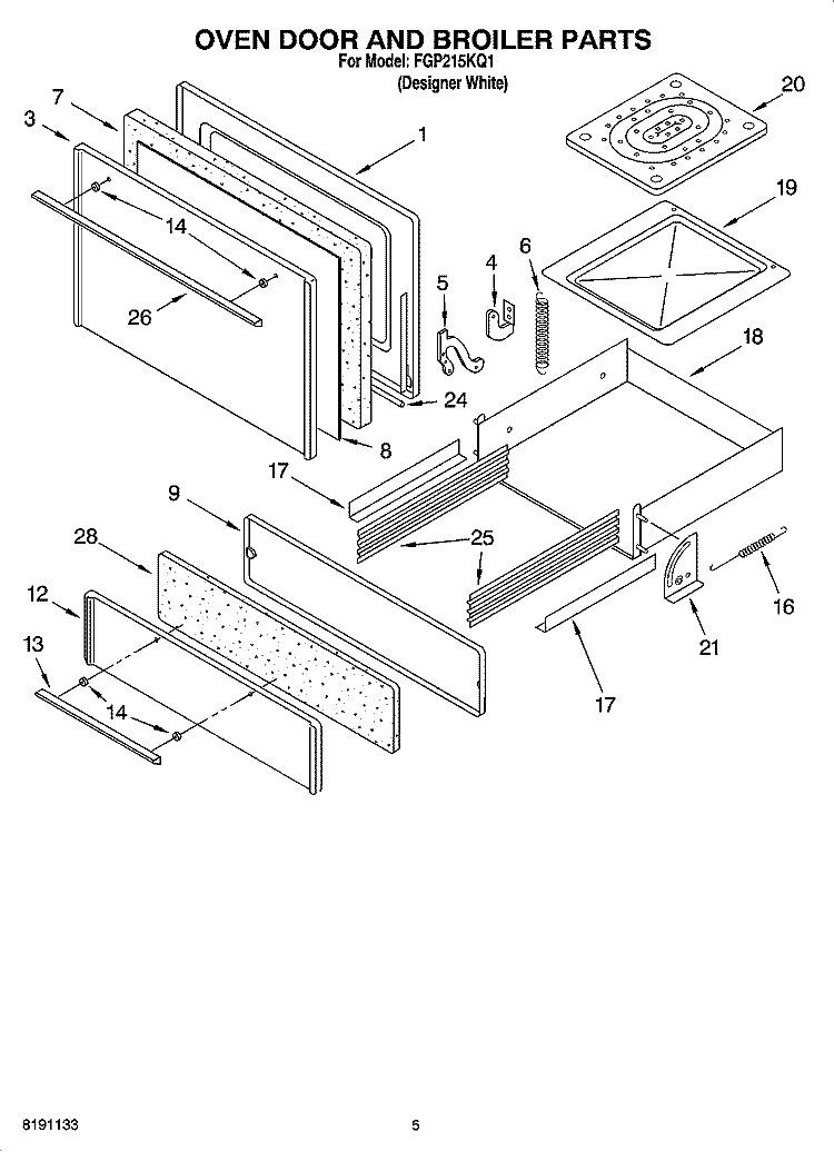 OVEN DOOR AND BROILER PARTS Diagram and Parts List for FGP215KQ1  Roper Range