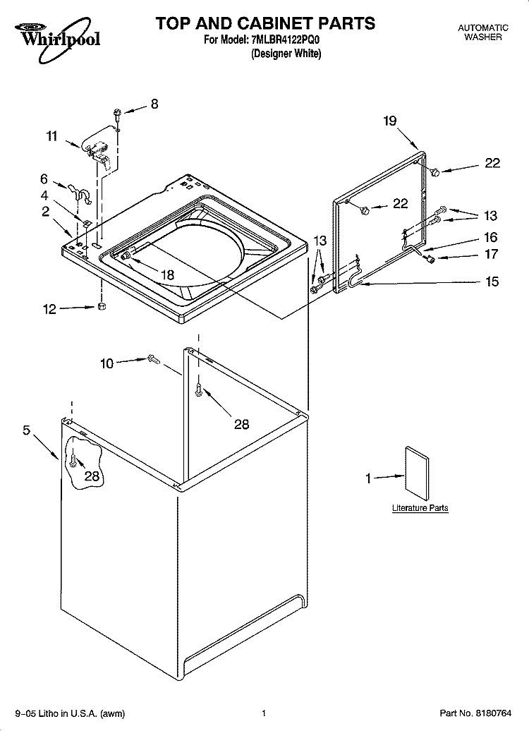 TOP AND CABINET PARTS Diagram and Parts List for 7MLBR4122PQ0  Whirlpool Washer