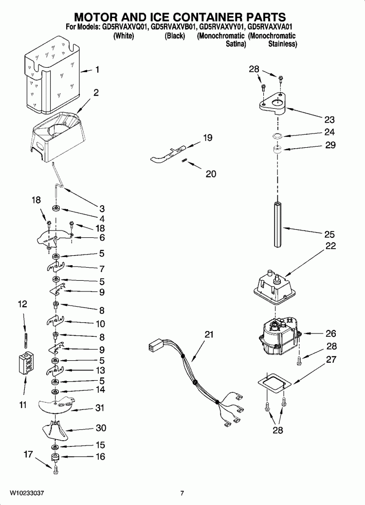 MOTOR AND ICE CONTAINER PARTS Diagram and Parts List for GD5RVAXVB01  Whirlpool Refrigerator