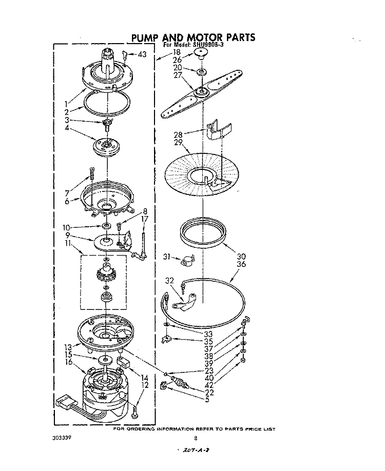 PUMP AND MOTOR Diagram and Parts List for SHU99053  Whirlpool Dishwasher