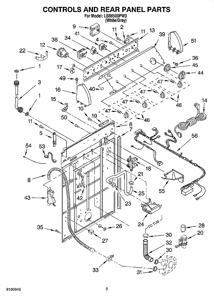 CONTROLS AND REAR PANEL PARTS Diagram and Parts List for LSB6500PW3  Whirlpool Washer