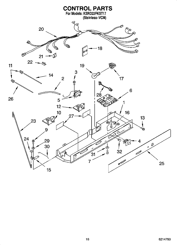 CONTROL PARTS Diagram and Parts List for KSRD22FKST17  KitchenAid Refrigerator