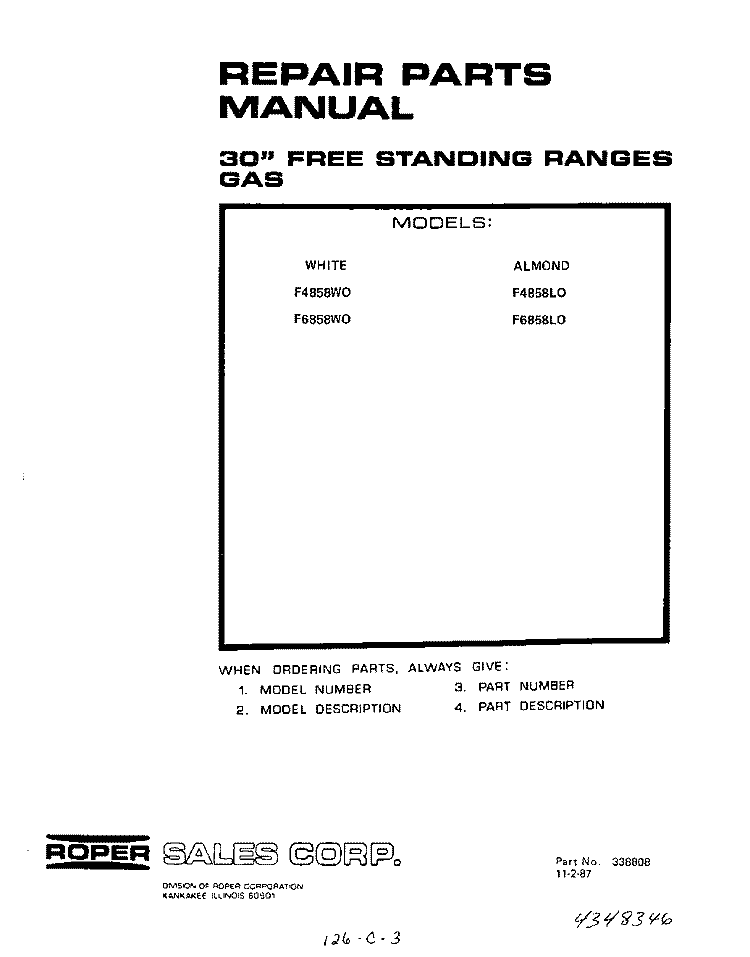 COVER Diagram and Parts List for F4858W0  Roper Range
