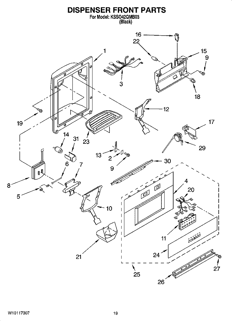 DISPENSER AND FRONT PARTS Diagram and Parts List for KSSO42QMB03  KitchenAid Refrigerator