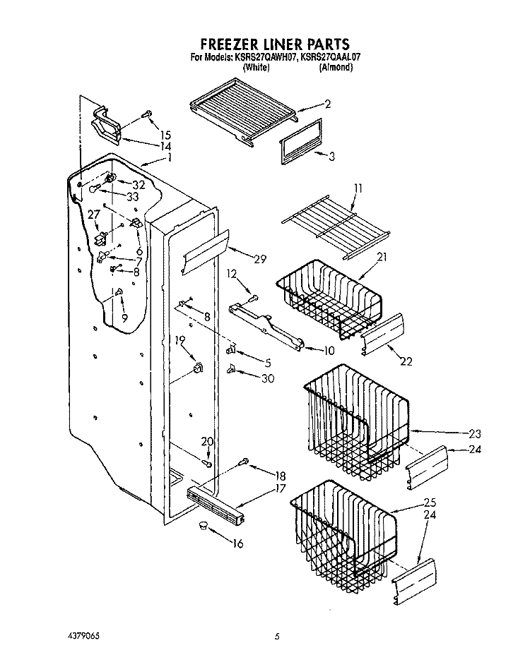 FREEZER LINER Diagram and Parts List for KSRS27QAWH07  KitchenAid Refrigerator