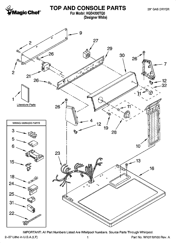 TOP AND CONSOLE PARTS Diagram and Parts List for HGD4300TQ0  Magic Chef Dryer